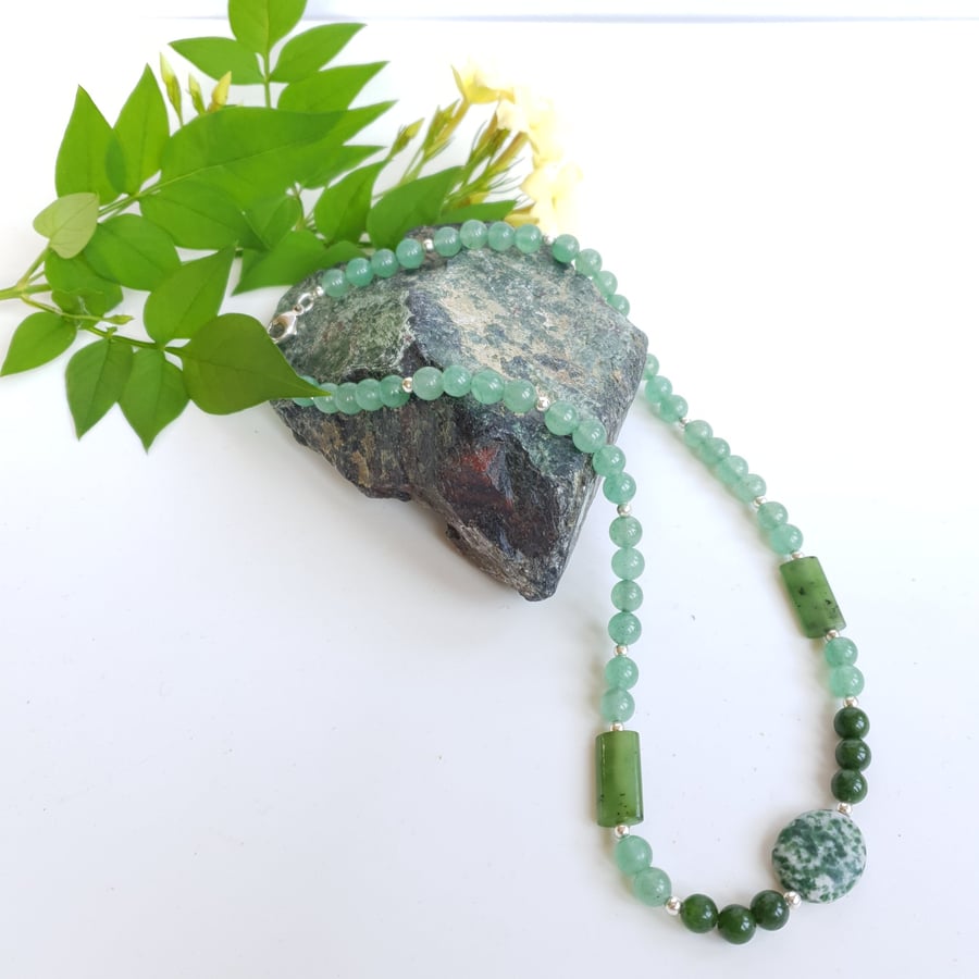  Green Gemstone Necklace Chrysoprase, Nephrite Jade, Quartz, Sterling Silver