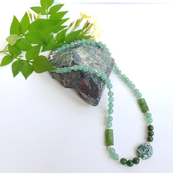  Green Gemstone Necklace Chrysoprase, Nephrite Jade, Quartz, Sterling Silver