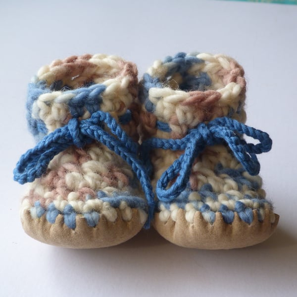Wool & leather baby boots - Blue camo - 3-6 months