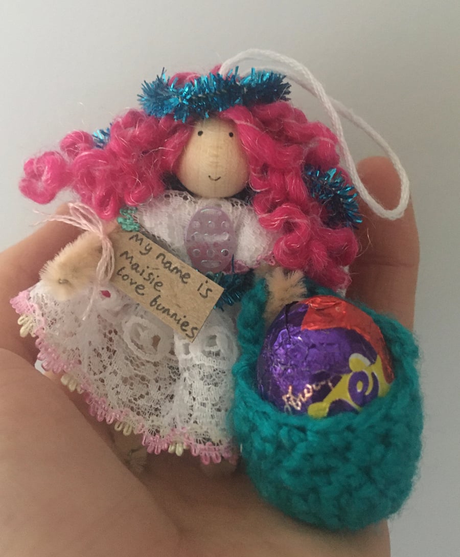 Tiny Easter Fairy Doll Decoration - Pink And Turquoise