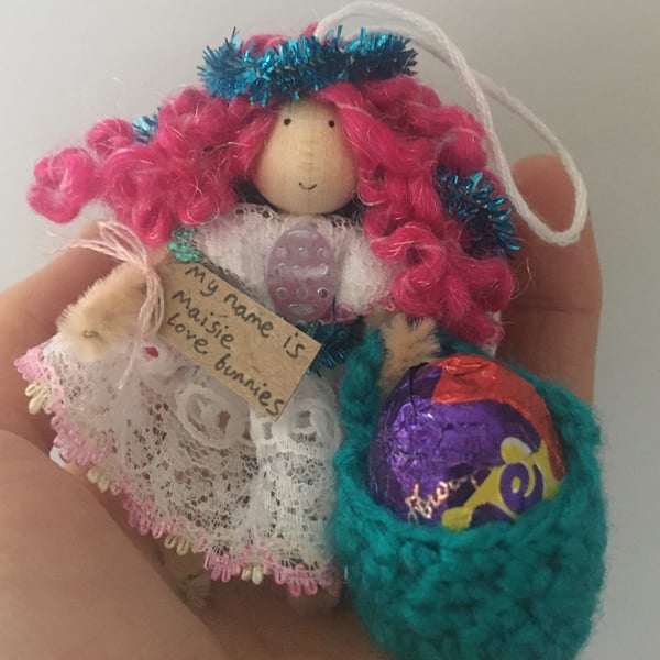Tiny Easter Fairy Doll Decoration - Pink And Turquoise