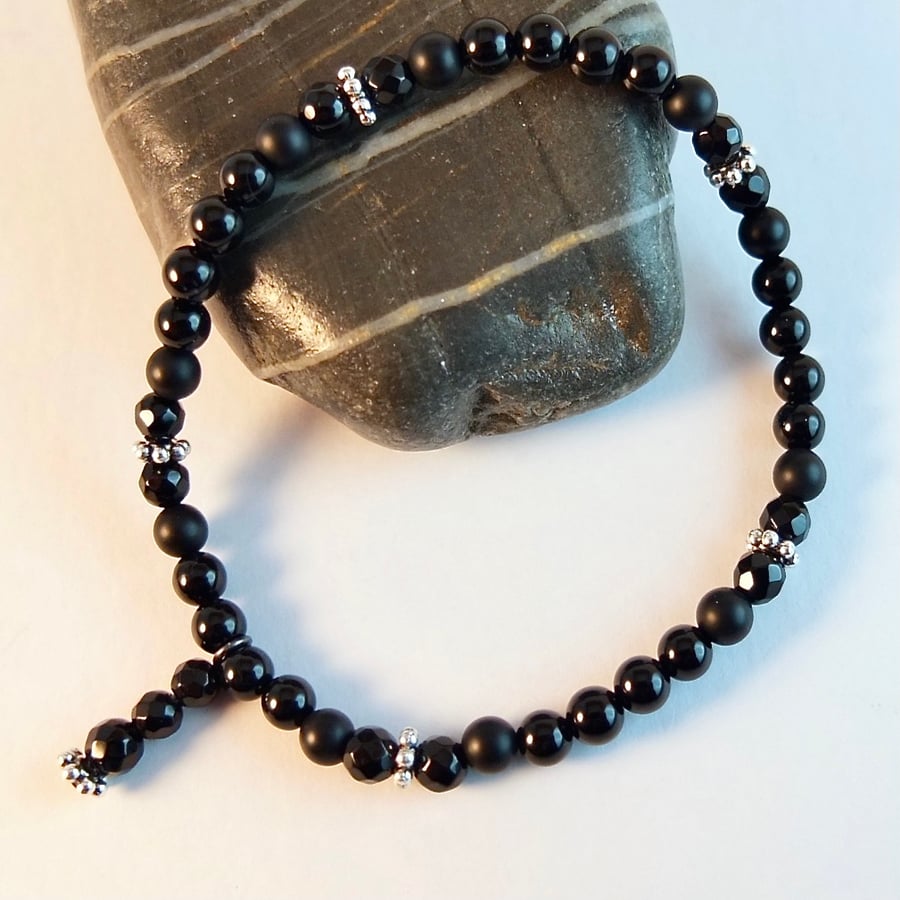 Black Onyx Bracelet With Tibetan Silver Flower Spacers - Handmade In Devon