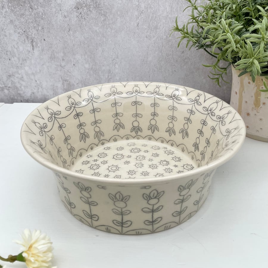 Monochrome Serving Bowl Treats Fruit Abstract Flower Pattern - Handmade Pottery