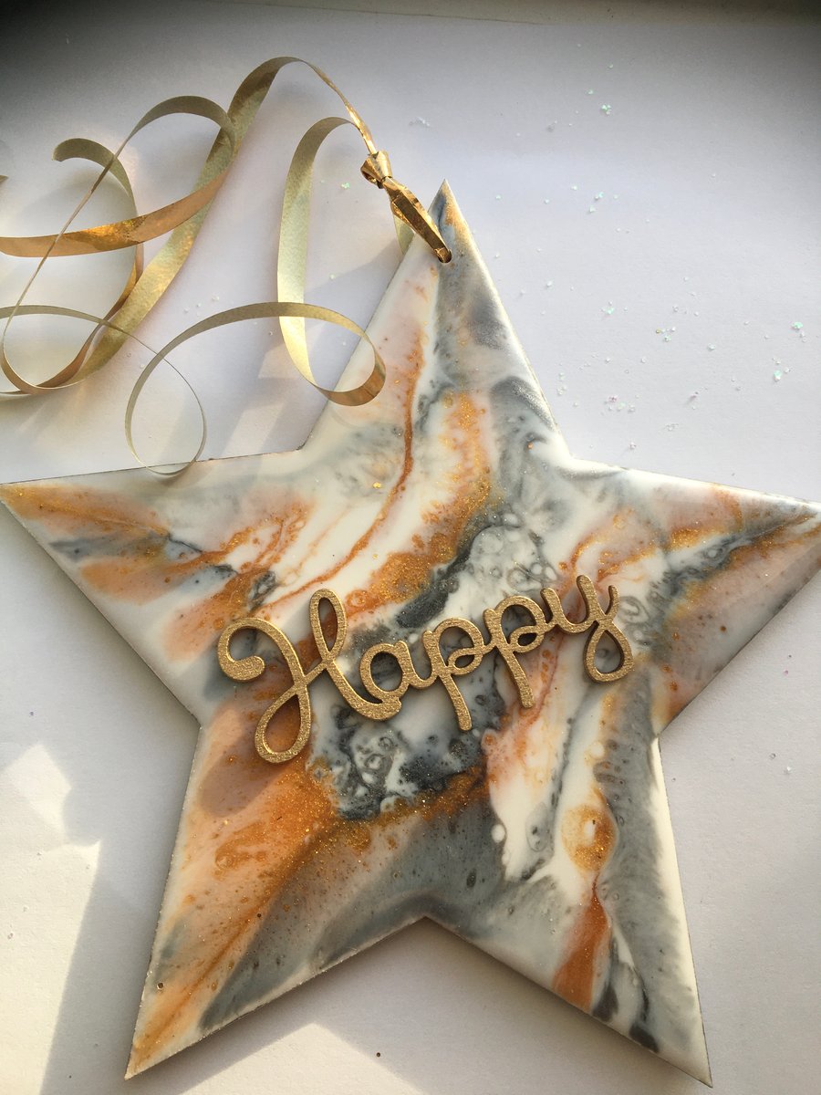  SALE. Christmas decoration, star, white, gold, silver,  HAPPY 
