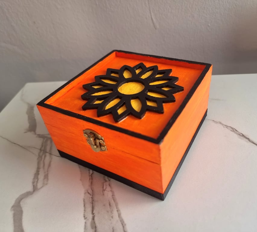 Hand-Decorated Halloween Flower Trinket Box – Orange & Black Wooden Keepsake Box