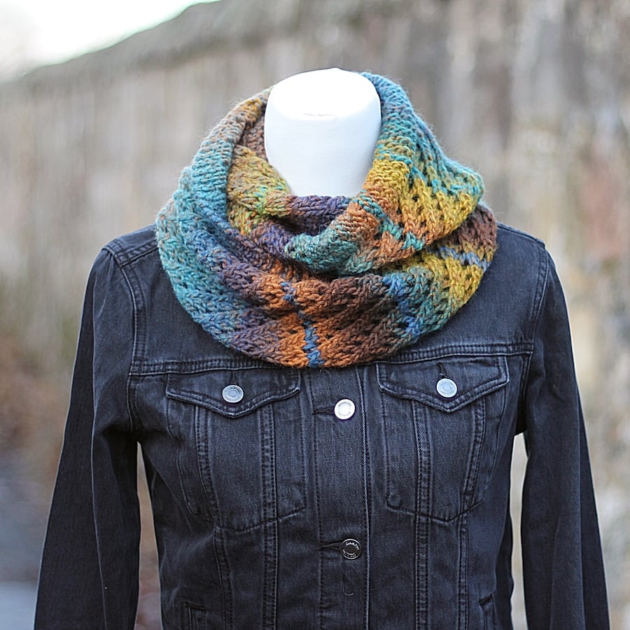 SCARF knitted infinity - cinnamon azure diagonal lace cowl, snood