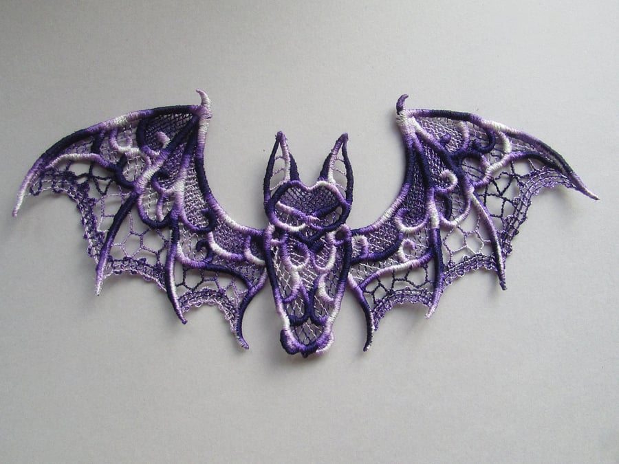 Embroidered Varigated Purple Bat Lace Applique with moving parts