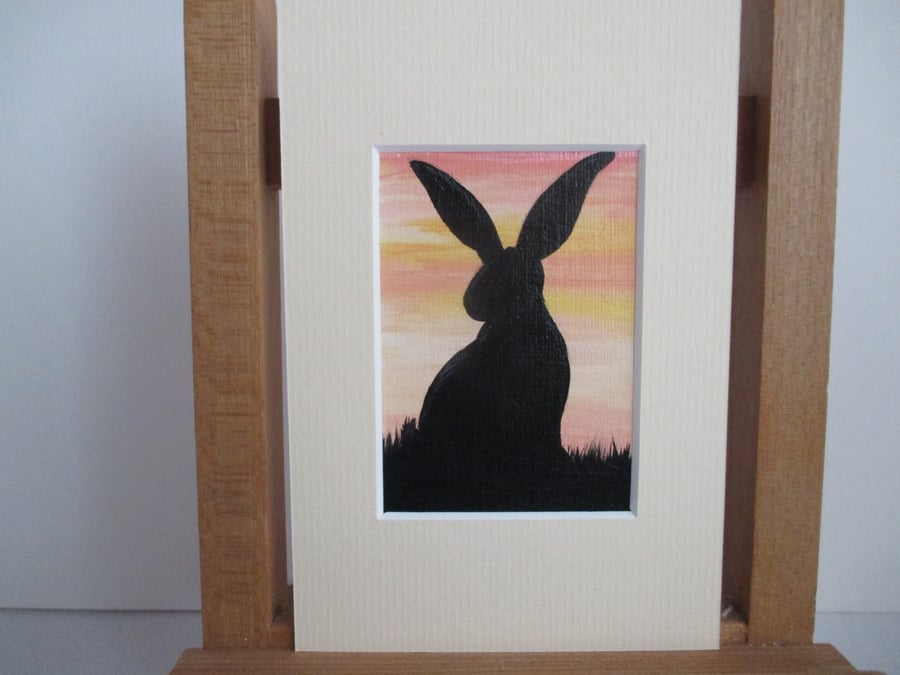 Bunny Rabbit ACEO painting Silhouette original art mounted ready to frame cream