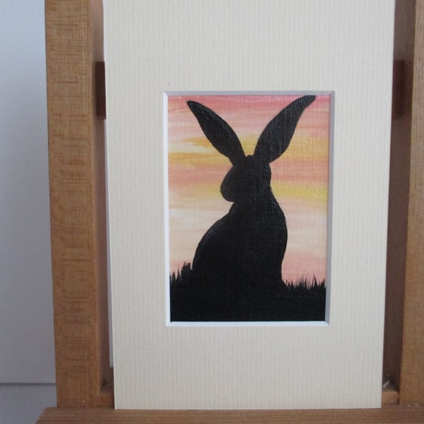 Bunny Rabbit ACEO painting Silhouette original art mounted ready to frame cream
