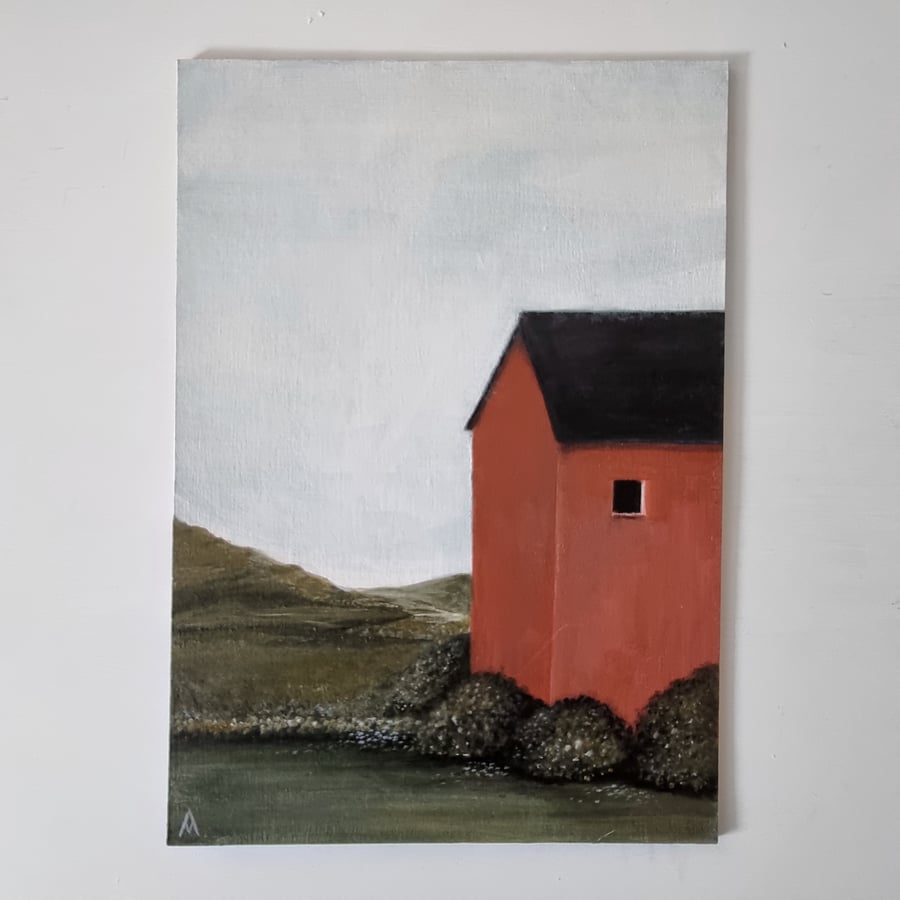 Original Painting - Red House In The Country Art - Unique Gift - Nursery Decor