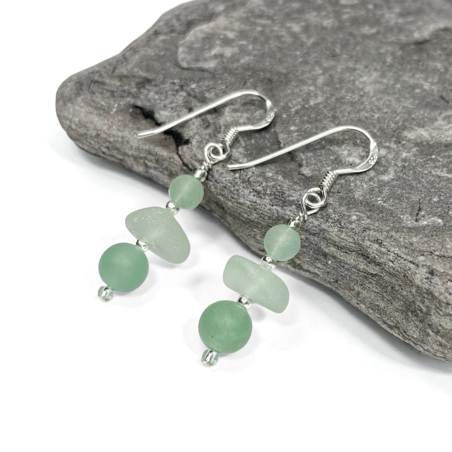 Sea Glass Earrings. Green Aventurine Crystal Dangly Earrings - Sterling Silver