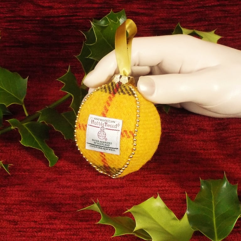 Harris tweed bauble Christmas tree decoration yellow Macleod tartan ornament