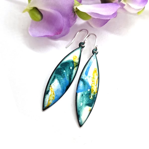 Abstract Colour marquise drop earrings - jade green, light blue and yellow.