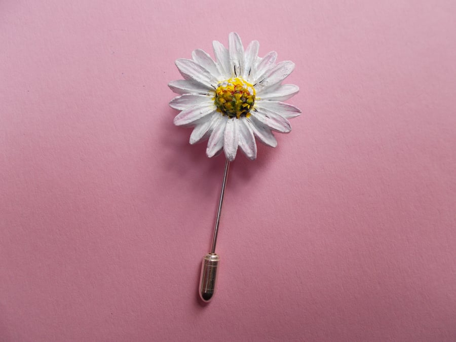  WHITE LAWN DAISY PIN:  Daisy Wedding Lapel Flower Brooch HAND PAINTED