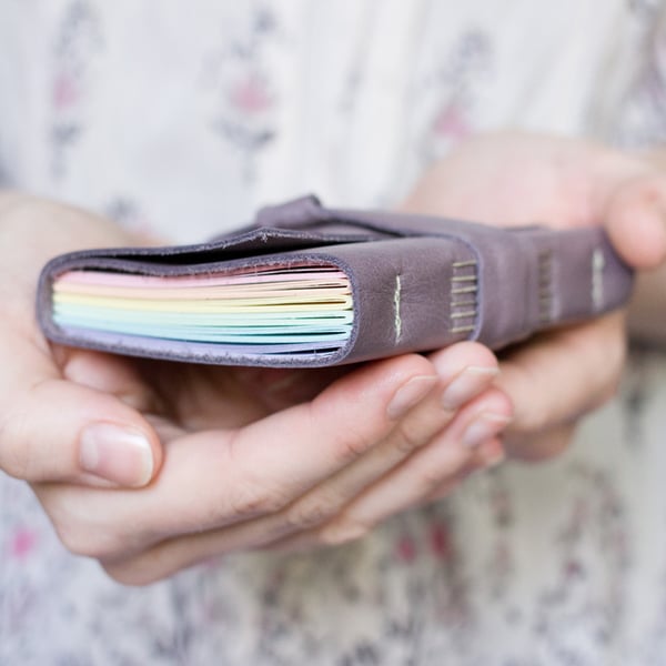 Mini Rainbow Leather Wrap Journal - Handbound Book - 4 X 3 - Pastel Pages - A7
