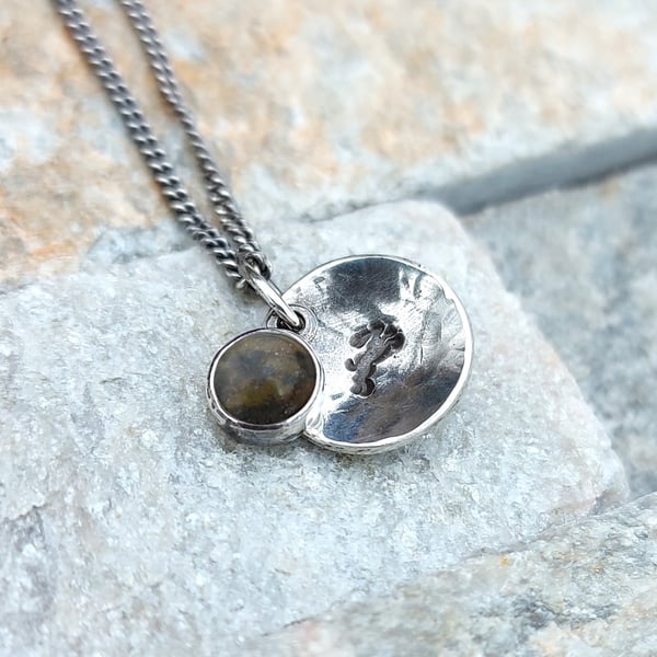 Running Hare Hammered Disc Necklace with Scottish Gemstone and Recycled Silver