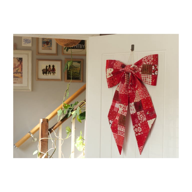Oversized Red Christmas Bow - Handmade Patchwork Decoration
