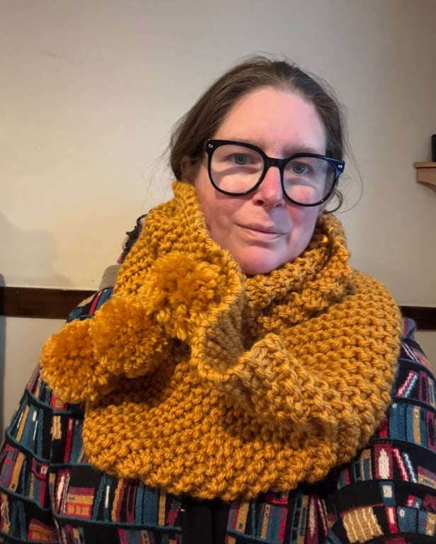 Mustard Pom Pom Circle Scarf