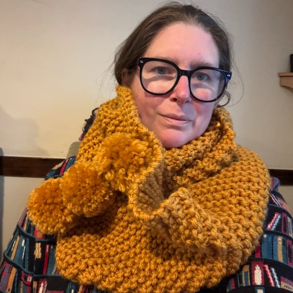 Mustard Pom Pom Circle Scarf