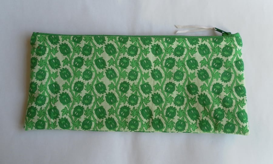 Green Floral Pencil Case or Make Up Bag