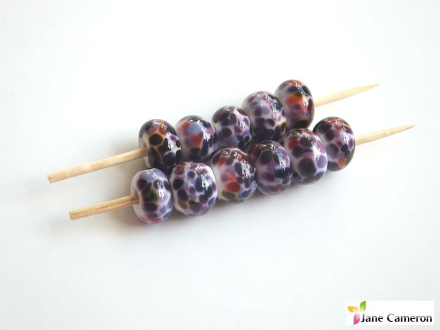 11 Handmade Glass Lampwork Beads - Purple Multicoloured Kaleidoscope
