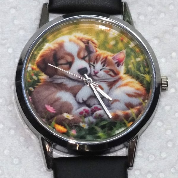 Cute Puppy and Kitten Dial Art Quartz Wristwatch