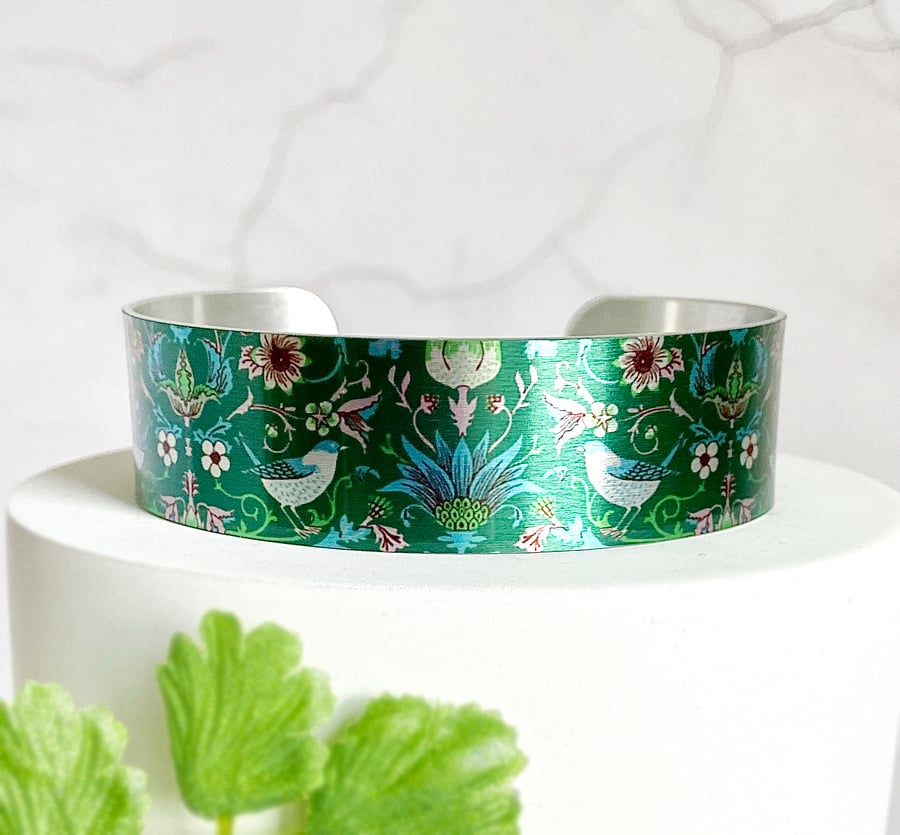 Cuff bracelet green William Morris bangle with birds. Perfectly imperfect. 549GR