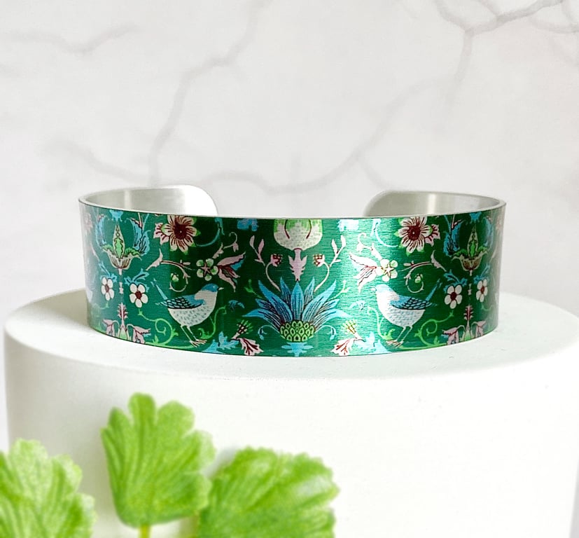 Cuff bracelet green William Morris bangle with birds. Perfectly imperfect. 549GR