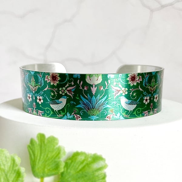 Cuff bracelet, green William Morris bangle with birds.Seconds sunday. B549-GR