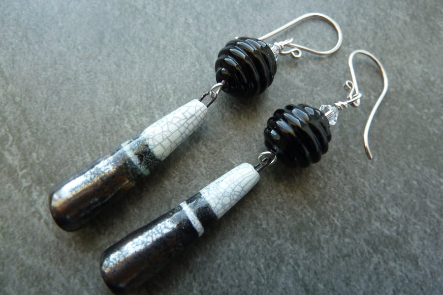 sterling silver, lampwork and ceramic black earrings