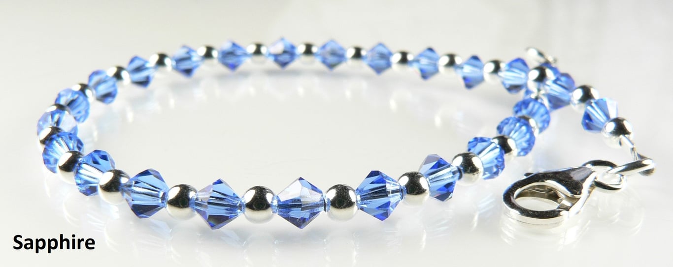 Sapphire blue Preciosa Czech glass beaded bracelet lobster clasp sterling silver