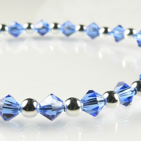 Sapphire blue Preciosa Czech glass beaded bracelet lobster clasp sterling silver