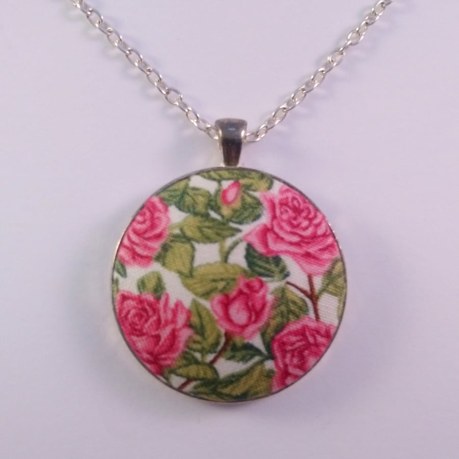 38mm Pink Rose Fabric Covered Button Pendant