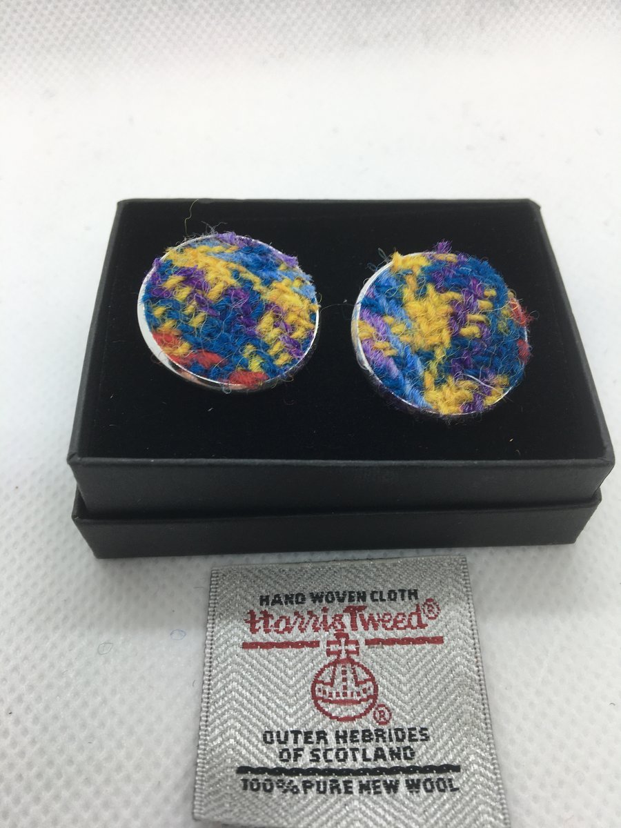 Harris Tweed Cuff links In Blue and Yellow Houndstouth design 