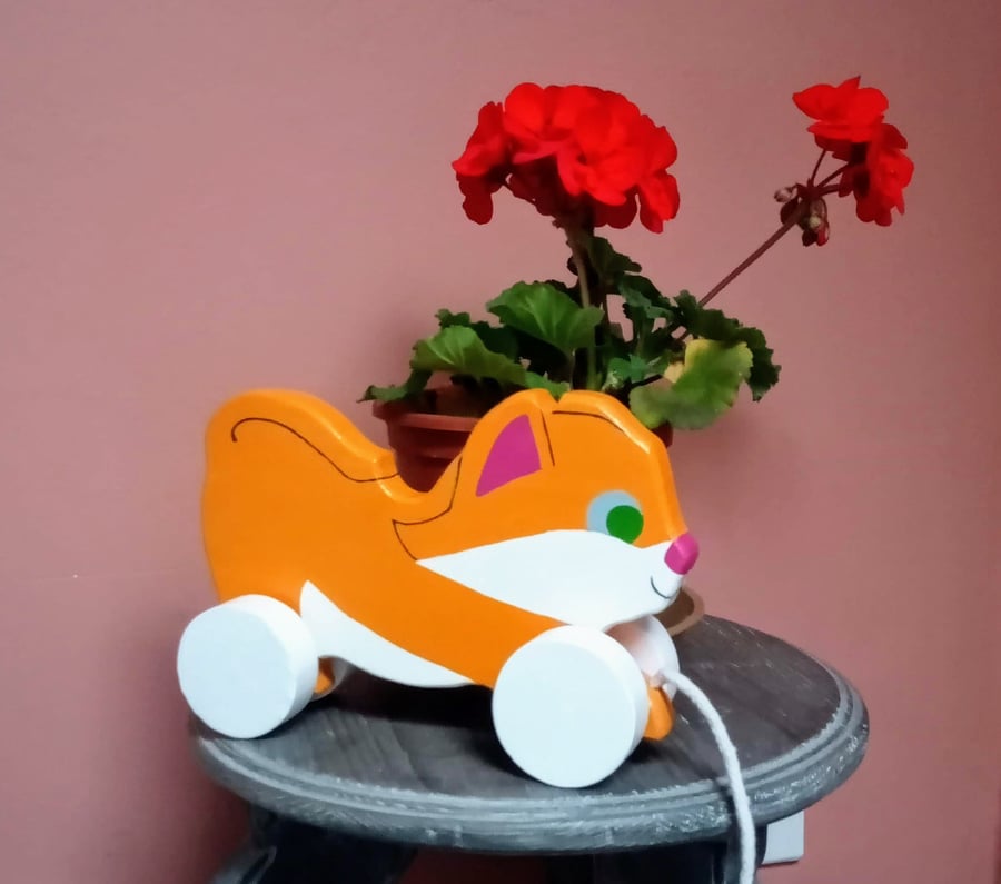 Pull Along Wooden toy Kitten, Ginger Cat. gift for boy or girl. newborn gift