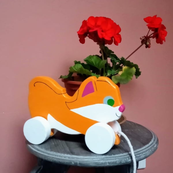 Pull Along Wooden toy Kitten, Ginger Cat. gift for boy or girl. newborn gift