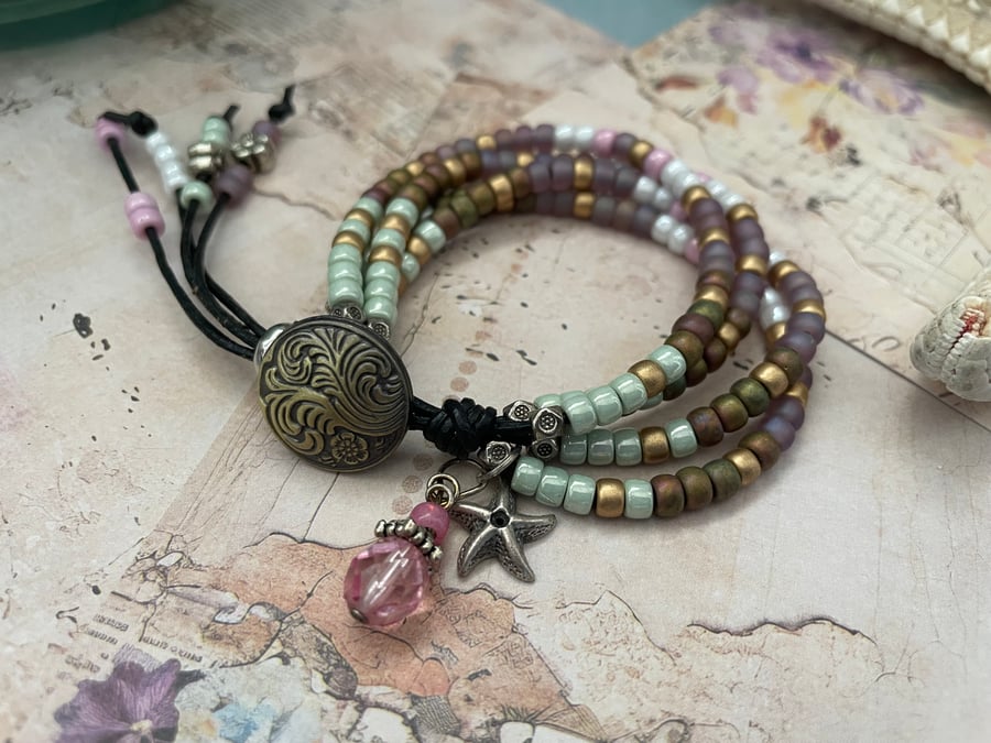 Bracelet, beaded 4 stranded leather beaded charm adjustable boho bracelet 