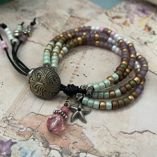 Bracelet, beaded 4 stranded leather beaded charm adjustable boho bracelet 