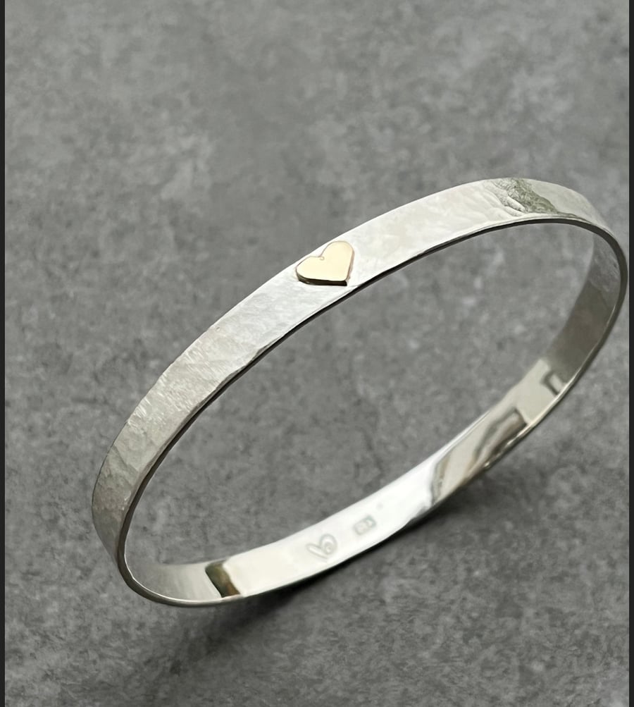 Gold Heart Bangle, hammered silver bangle, 