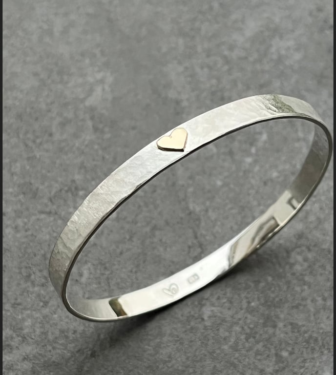 Gold Heart Bangle, hammered silver bangle, 