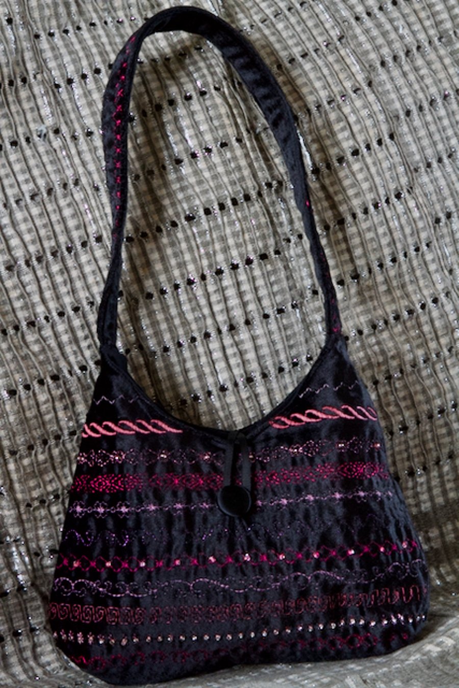 Black Velvet Evening Bag with Pink Embroidery