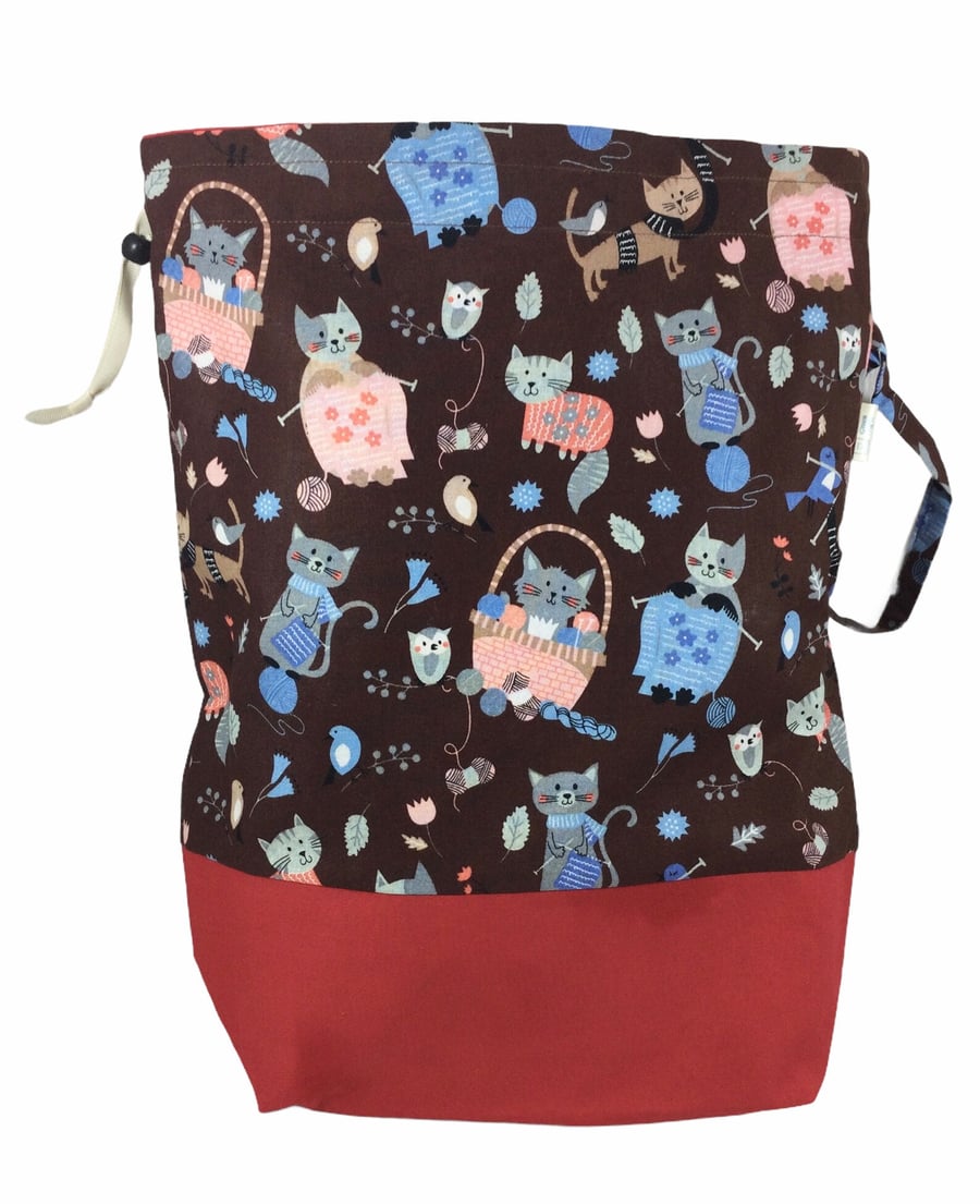 Extra Large two at a time knitting bag with cats, divided drawstring wristlet, s