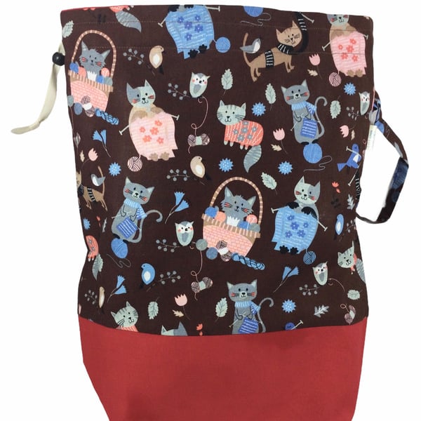 Extra Large two at a time knitting bag with cats, divided drawstring wristlet, s