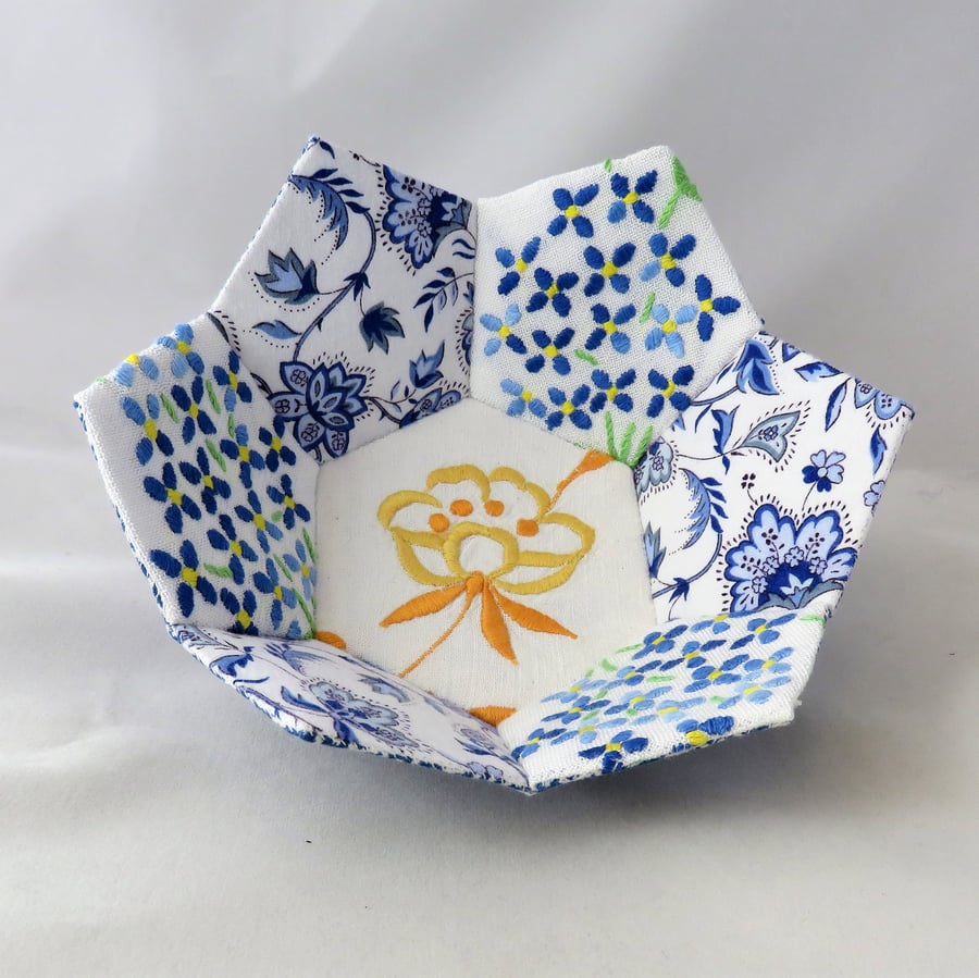 Patchwork Trinket Bowl Blue, White and Yellow from vintage embroidered linen