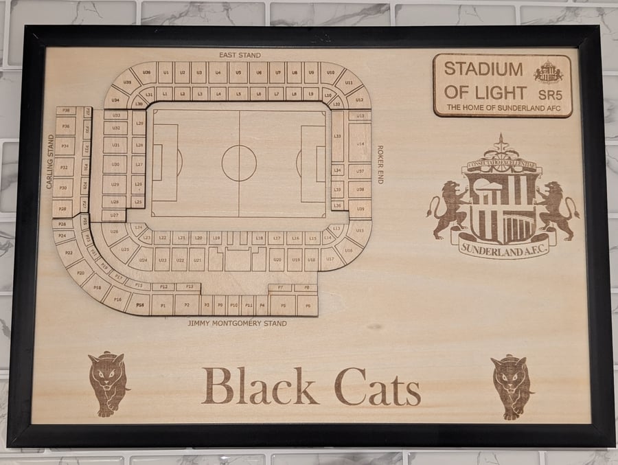 Sunderland Stadium of Light wall plaque laser engraved wood seating plan
