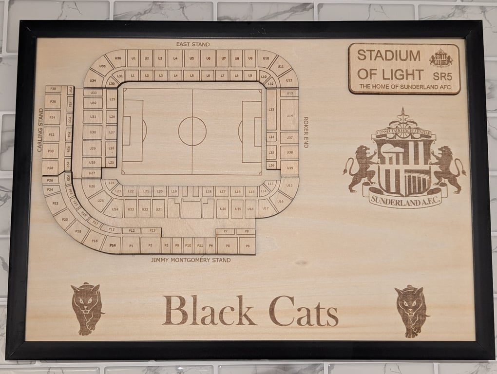 Sunderland Stadium of Light wall plaque laser engraved wood seating plan