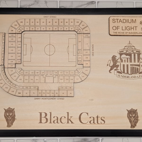 Sunderland Stadium of Light wall plaque laser engraved wood seating plan