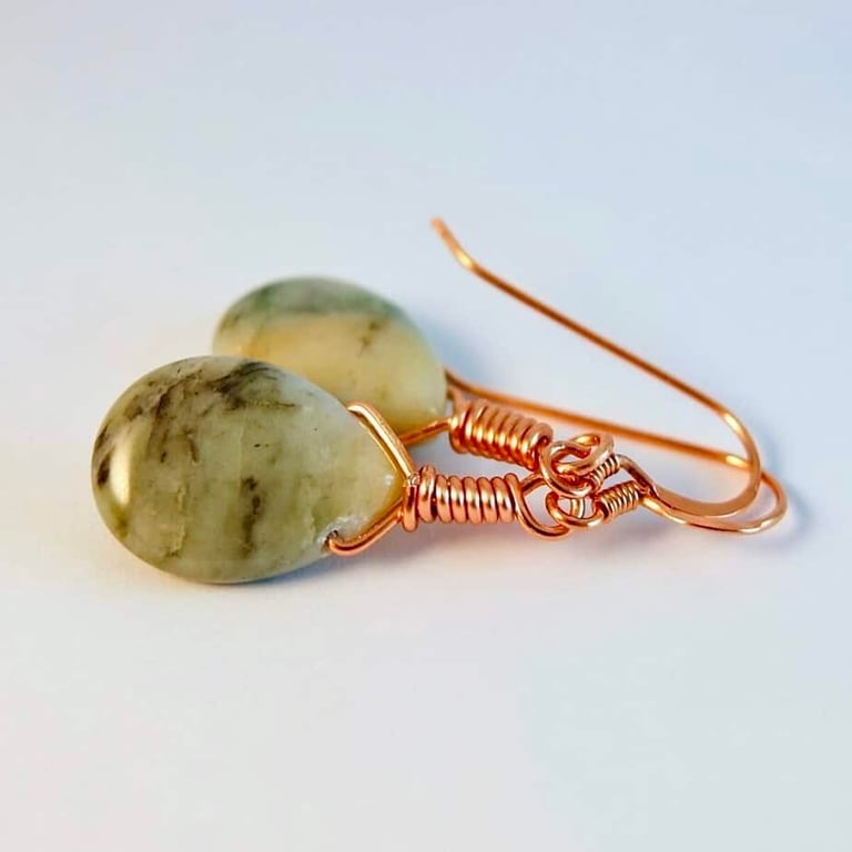 Tree Agate Teardrop & Copper Earrings - Birthday, Anniversary, Gifts For Her