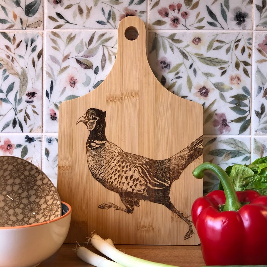 Bamboo wooden pheasant chopping board laser engraved with original artwork