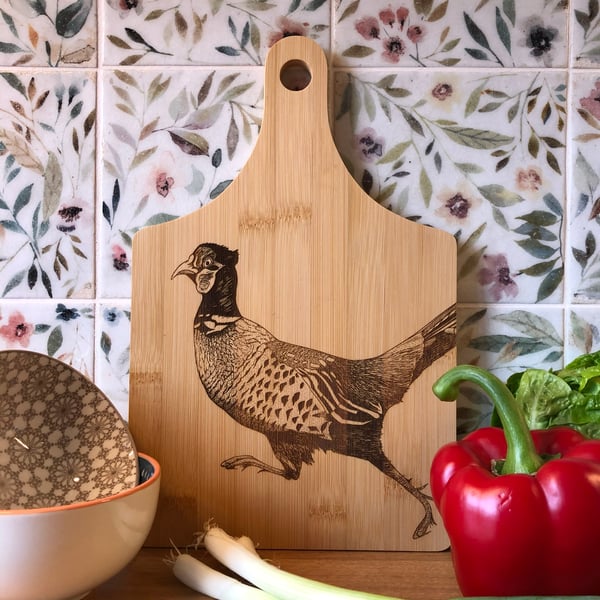Bamboo wooden pheasant chopping board laser engraved with original artwork